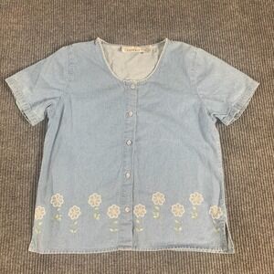 VTG Casey Max Top Womens‎ Medium Blue Denim Button Up Floral Embroidered Retro